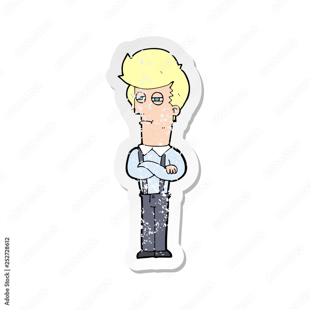 retro distressed sticker of a cartoon annoyed man retro distressed sticker of a cartoon annoyed man