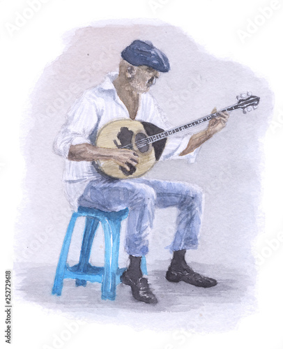 Watercolor painting - Bouzouki player Greece