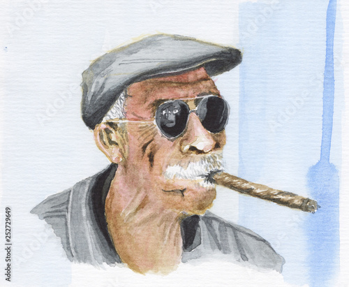 Photography Watercolor painting - Cuban with cigar