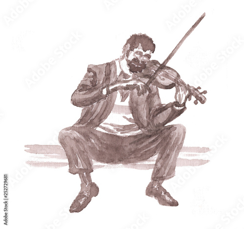 Watercolor illustration - Street violinist figure