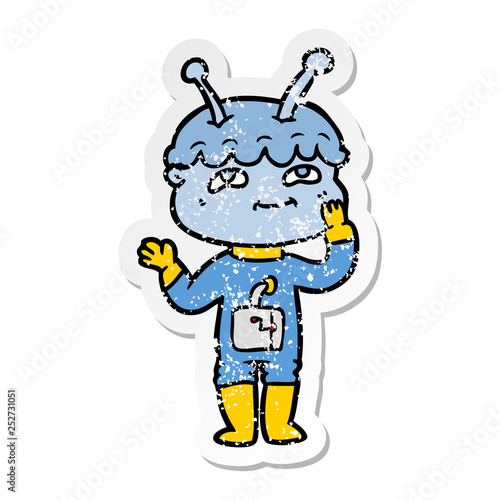 distressed sticker of a surprised cartoon spaceman