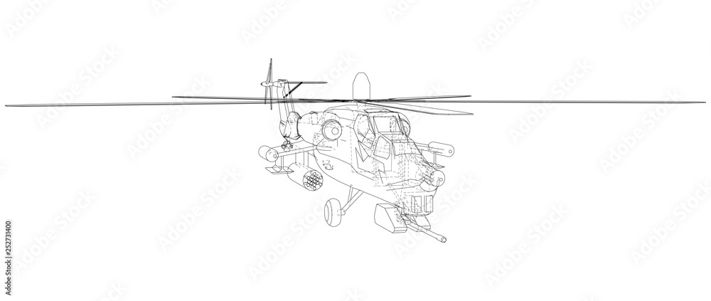 Drawing of helicopter, Vector wireframe concept. Created illustration of 3d. The layers of visible and invisible lines are separated