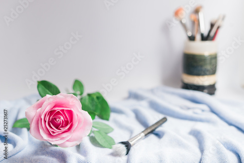 Front view, copy space, creative layout. Valentines day, mothers day, women's day, beauty concept. Template feminine blog social media. Closeup view pink rose with makeup tool brushes on background. 