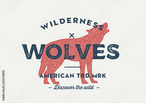 Wolf. coyote. dog Vintage style howling wolf logo. Graphic print design for t-shirts, Hand drawn insignia, rustic design. Vector Letterpress effect. - Vector