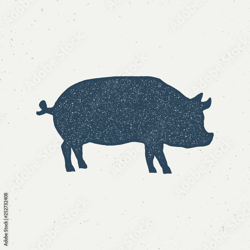 Pig, pork. Vintage logo, retro print, poster for Butchery meat shop, pig silhouette. Logo template for meat business. Isolated black silhouette pig on white background. Vector Illustration - Vector