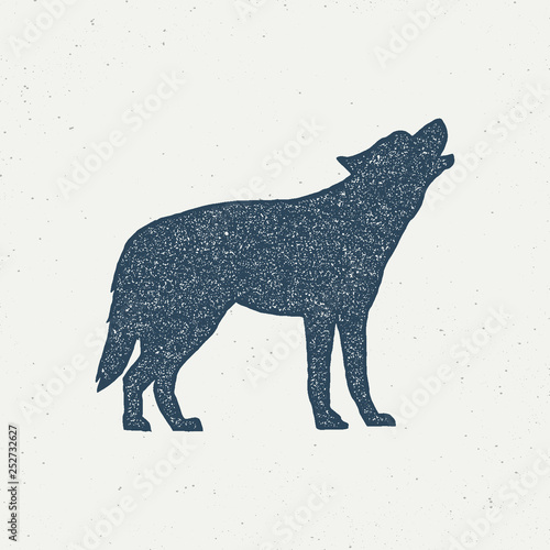 Wolf. coyote. dog Vintage style howling wolf logo. Graphic print design for t-shirts, mugs etc.Hand drawn insignia, rustic design. Vector Letterpress effect. - Vector