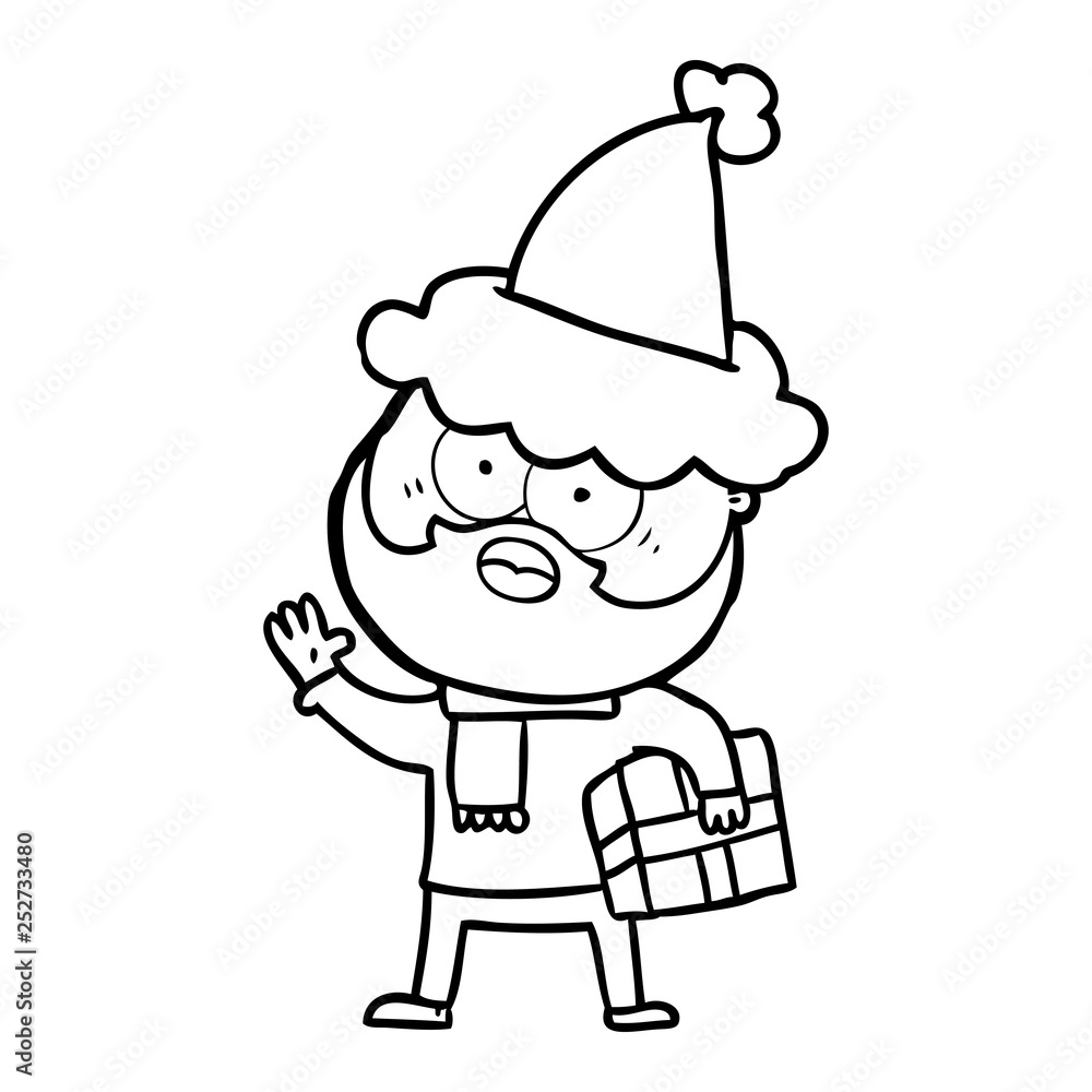 line drawing of a bearded man with present wearing santa hat line drawing of a bearded man with present wearing santa hat
