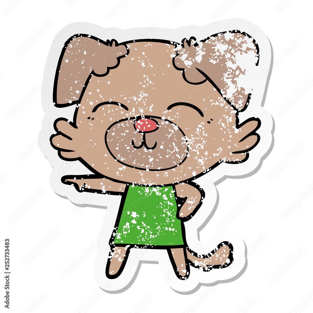 distressed sticker of a cartoon dog in dress pointing distressed sticker of a cartoon dog in dress pointing