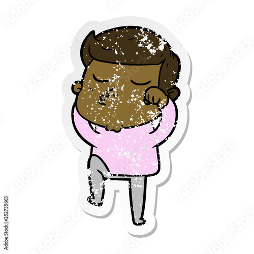 distressed sticker of a cartoon model guy pouting