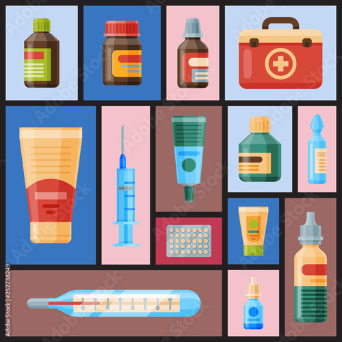 Medicine seamless pattern vector illustration. Medicine, pharmacy, hospital set of drugs with labels. Medication, pharmaceutics concept. Different medical pills and bottles.
