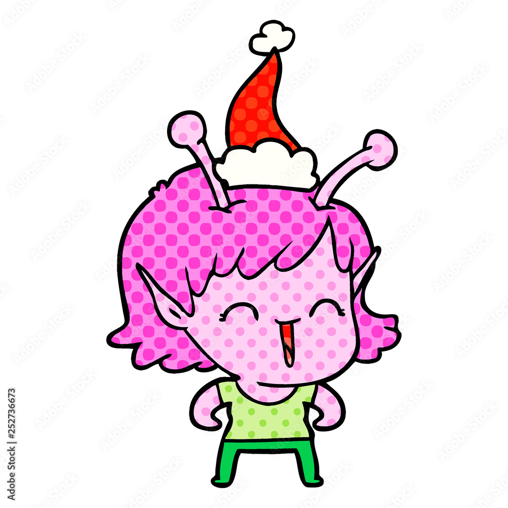comic book style illustration of a alien girl laughing wearing santa hat comic book style illustration of a alien girl laughing wearing santa hat