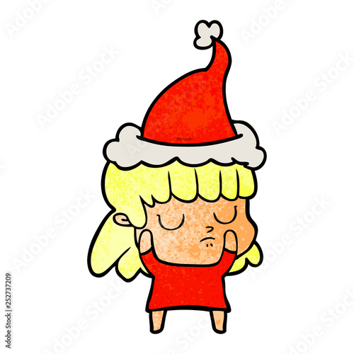 textured cartoon of a indifferent woman wearing santa hat