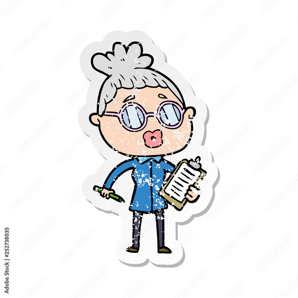 distressed sticker of a cartoon manager woman wearing spectacles