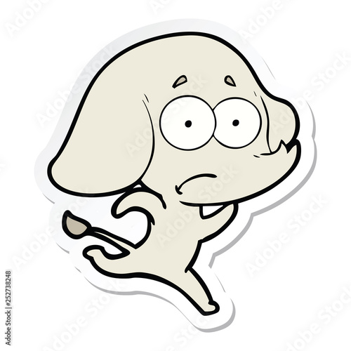 sticker of a cartoon unsure elephant running away