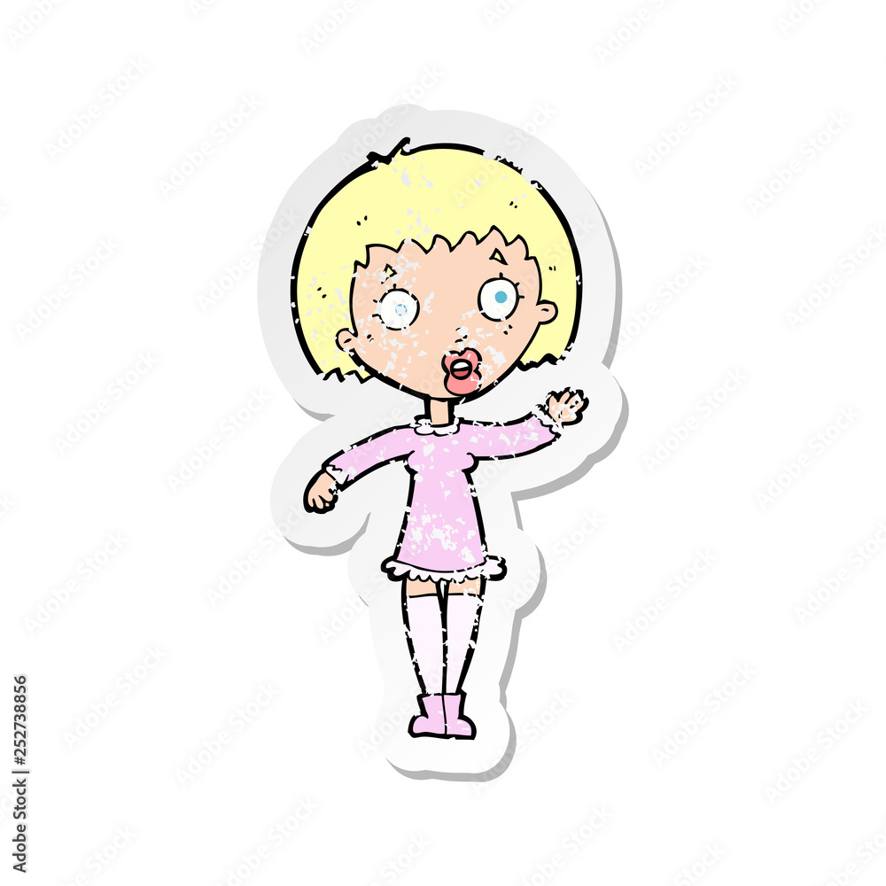 retro distressed sticker of a cartoon waving woman retro distressed sticker of a cartoon waving woman