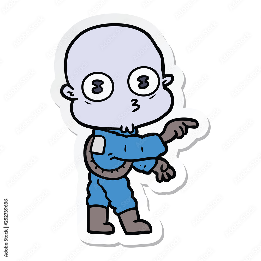 sticker of a cartoon weird bald spaceman pointing