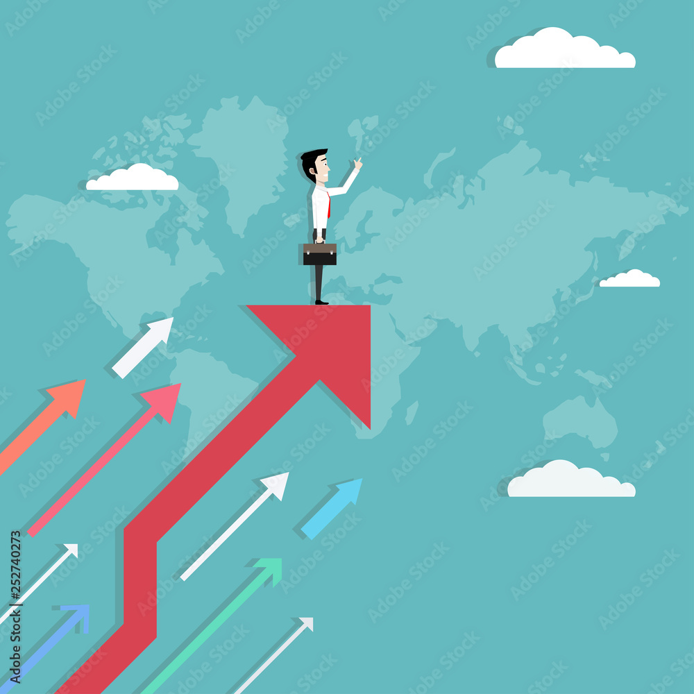 Businessman standing on growing arrow Businessman standing on growing arrow