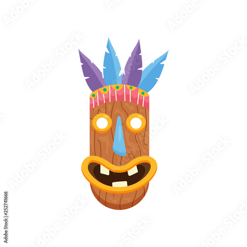 Prehistoric oblongated african mask with opened mouth and three teeth isolated on white background photo