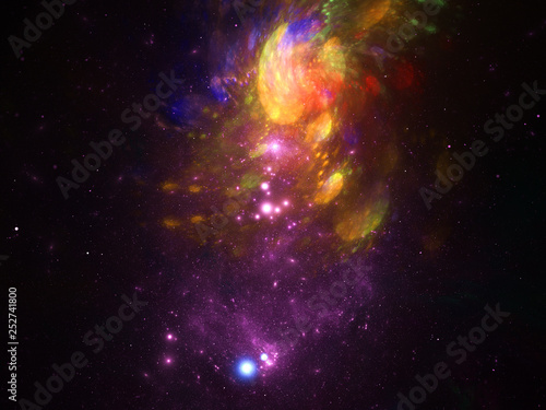Nebula and galaxies in infinite space - starfield, stars and space dust scattered throughout a vast universe. Swirling black hole, burst of light from birth of stars, illustration, cosmic artwork. © Cedar