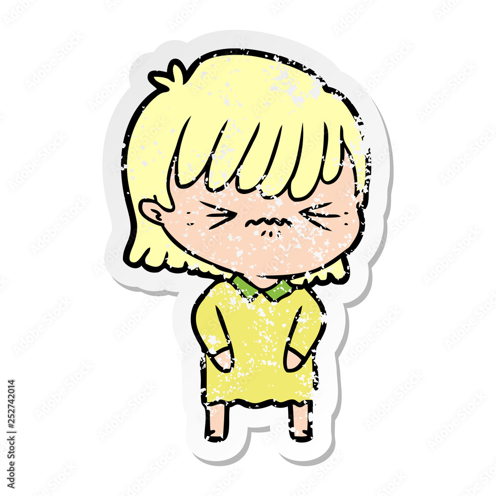 distressed sticker of a annoyed cartoon girl distressed sticker of a annoyed cartoon girl
