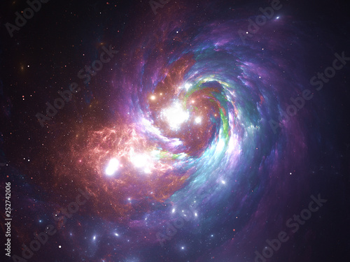 Nebula and galaxies in infinite space - starfield, stars and space dust scattered throughout a vast universe. Swirling black hole, burst of light from birth of stars, illustration, cosmic artwork.