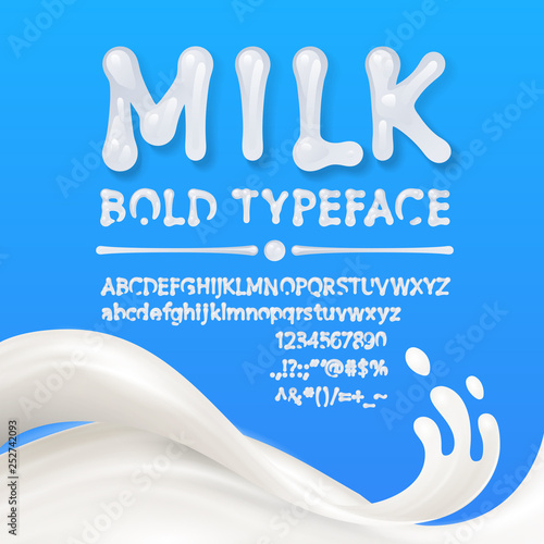 Milk uppercase and lowercase alphabets with symbols and numbers isolated on blue background with milk splash