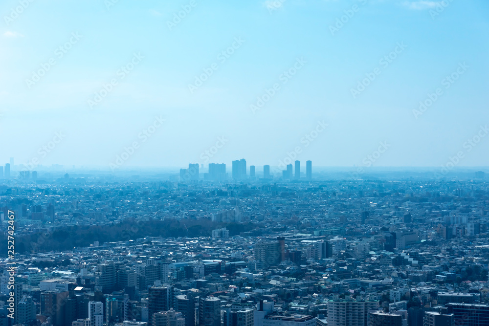 高層ビルから望む東京南部と霞の中の川崎武蔵小杉