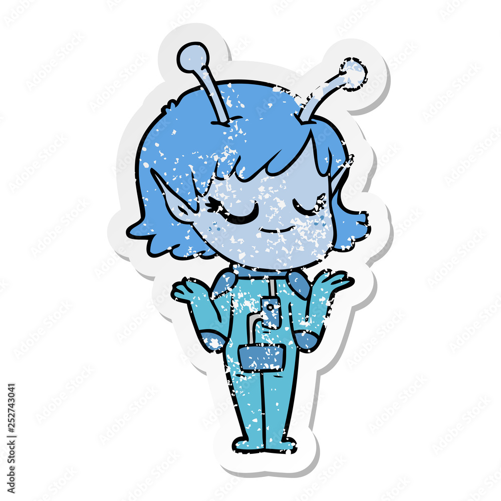 distressed sticker of a smiling alien girl cartoon distressed sticker of a smiling alien girl cartoon