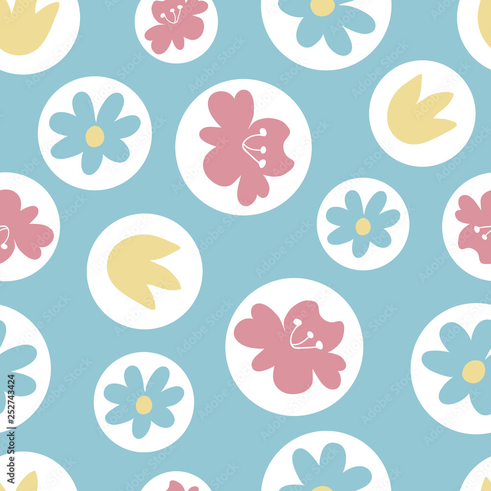 Seamless pattern with flowers, vector illustration. blue background with circles and flowers from spring garden collections Seamless pattern with flowers, vector illustration. blue background with circles and flowers from spring garden collections