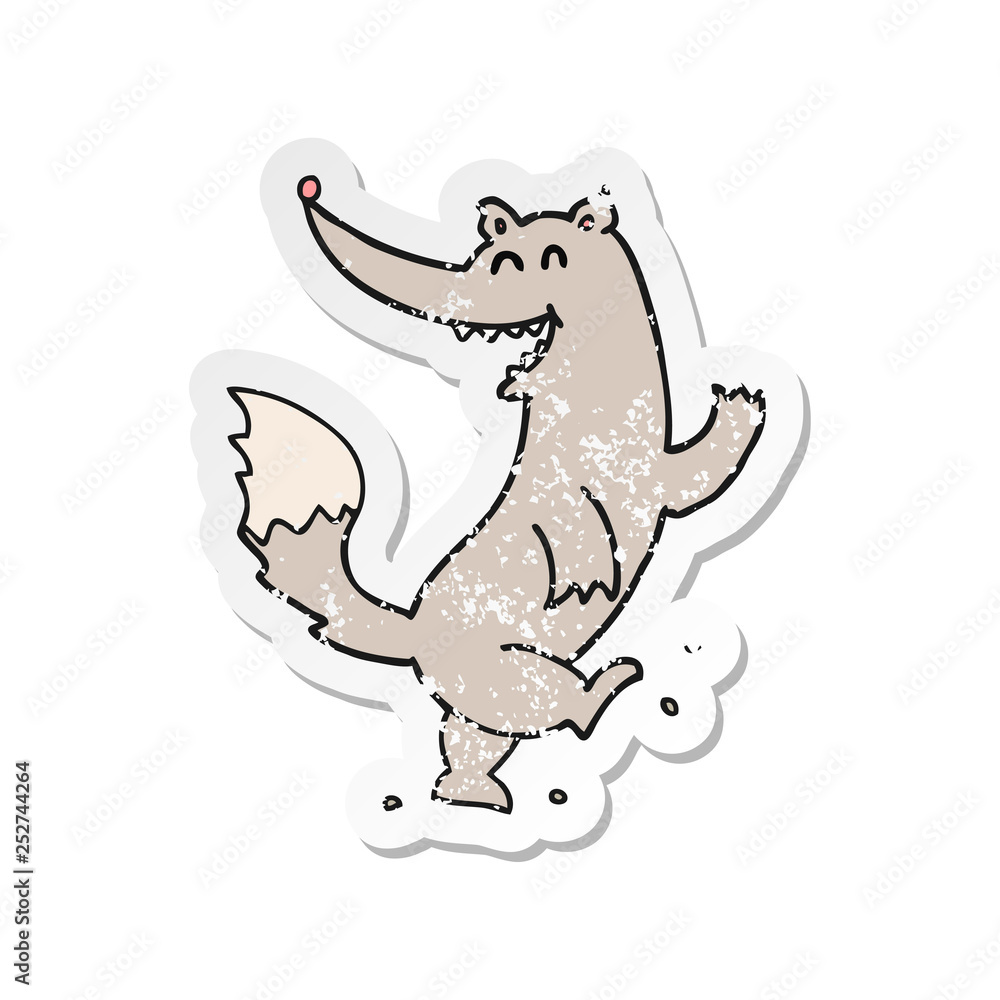 Fototapeta premium retro distressed sticker of a cartoon happy wolf dancing