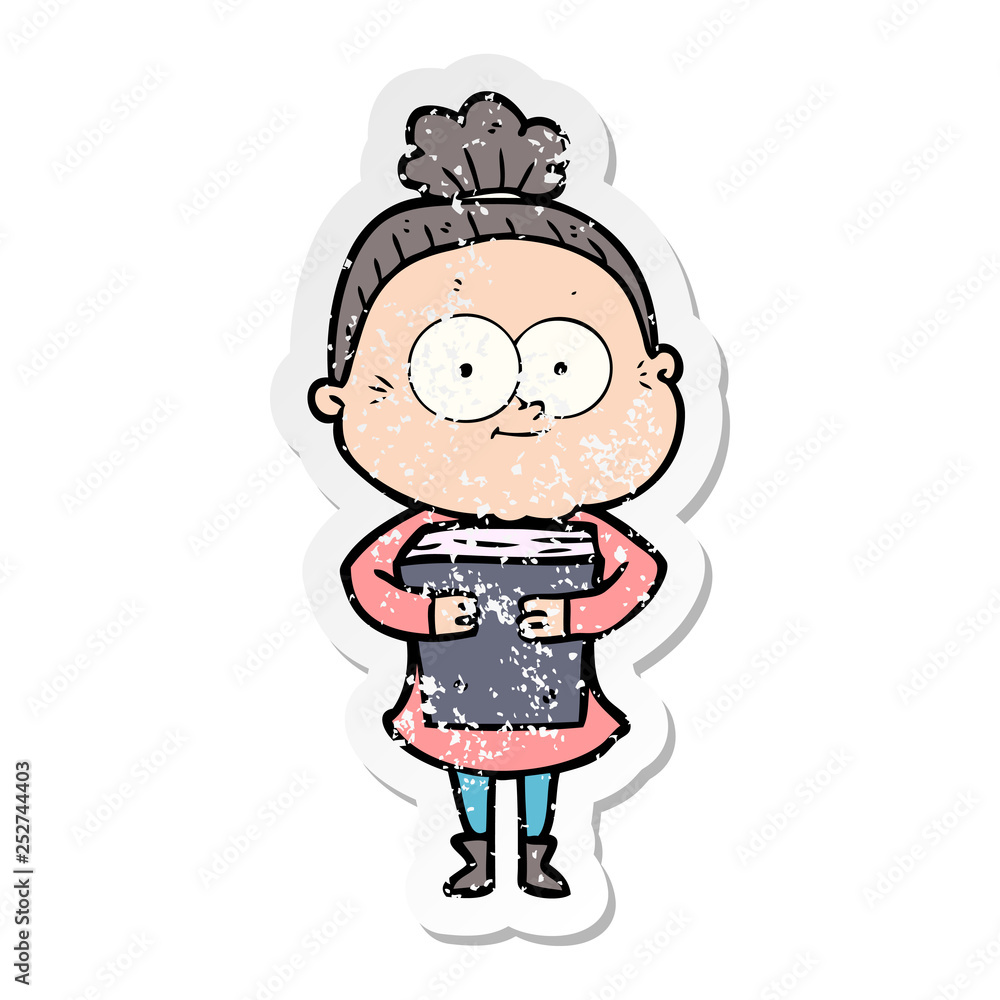 distressed sticker of a cartoon happy old woman distressed sticker of a cartoon happy old woman