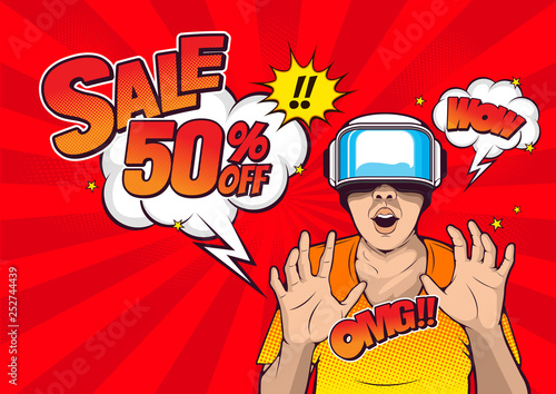 sale pop-art design, VR virtual reality technology, glasses and headset ,vector illustration.