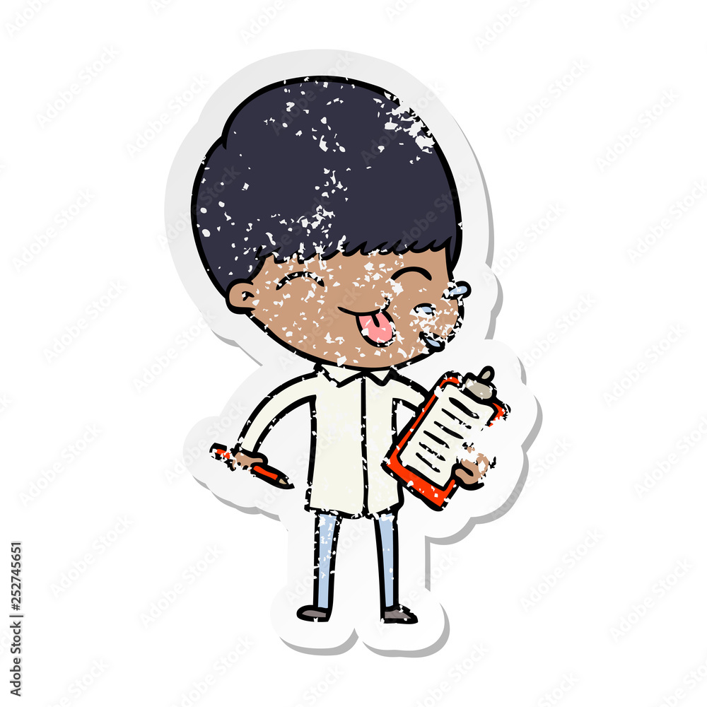 distressed sticker of a cartoon salesman sticking out tongue
