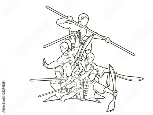 Group of People Kung Fu fighter, Martial arts with weapons action cartoon graphic vector.
