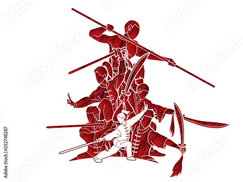 Group of People Kung Fu fighter, Martial arts with weapons action cartoon graphic vector.