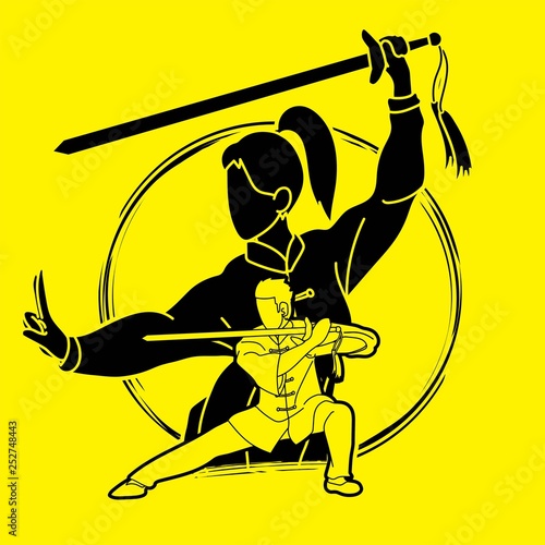 Man and woman Kung Fu fighter, Martial arts with weapons action cartoon graphic vector.