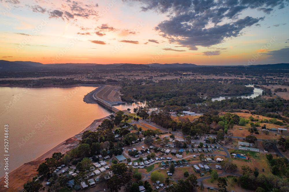 Lake Hume Dam and Village at dusk in New South Wales, Australia