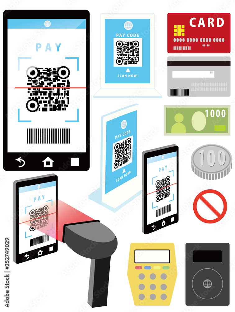 キャッシュレス Qrコード決済イラストセット Cashless Pay Illustration Stock Vector Adobe Stock
