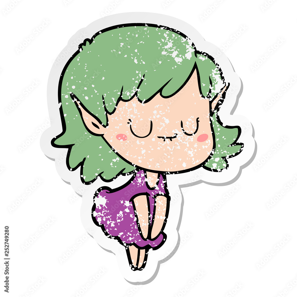 distressed sticker of a happy cartoon elf girl wearing dress distressed sticker of a happy cartoon elf girl wearing dress
