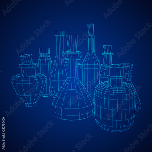 Set of wine bottles. Model wireframe low poly mesh vector illustration