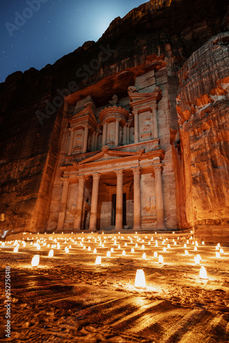 Petra by night, Treasury ancient architecture in canyon, Petra in Jordan
