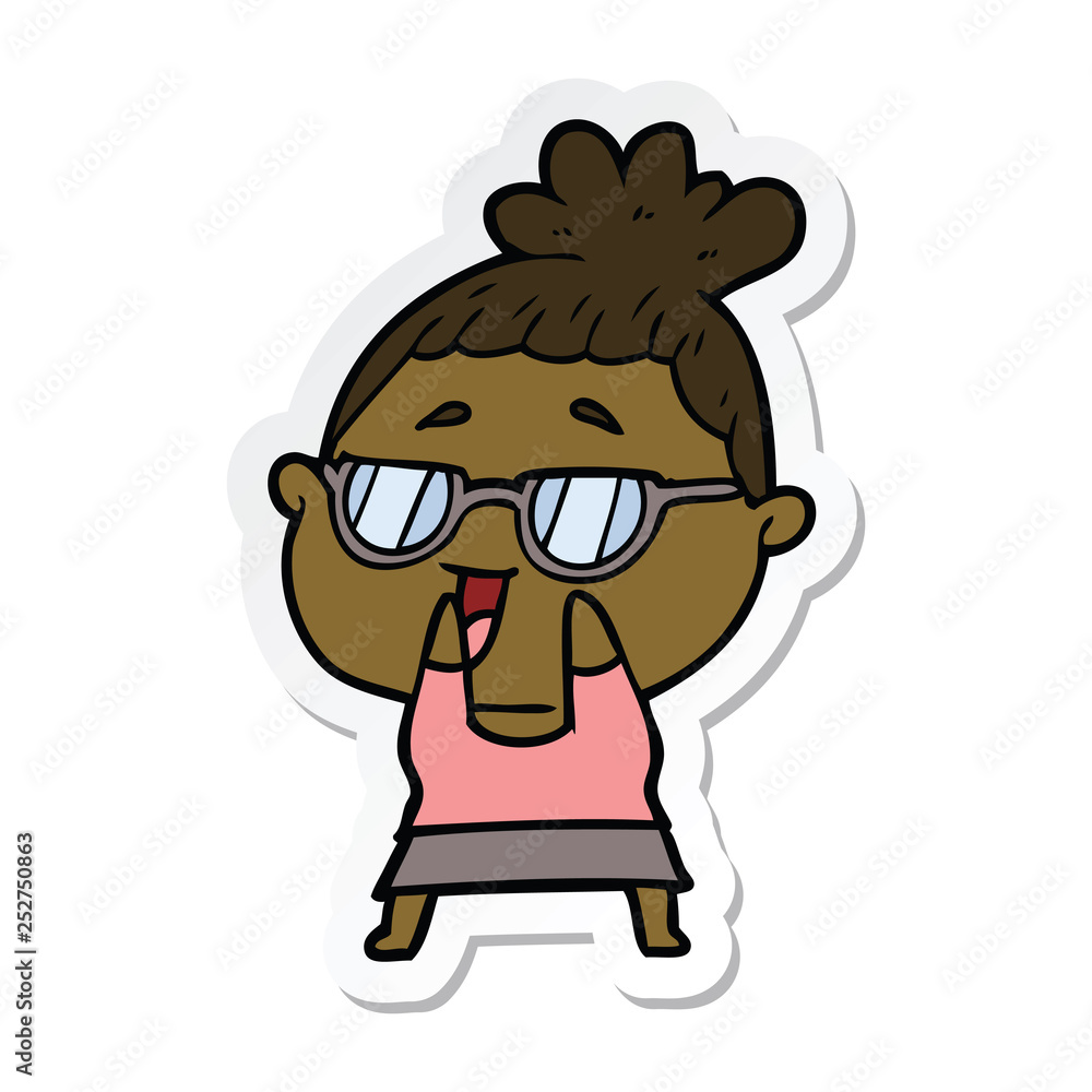 Naklejka premium sticker of a cartoon happy woman wearing spectacles
