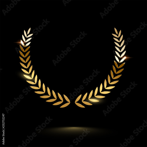 Golden shiny laurel wreath isolated on black background. Vector design element.