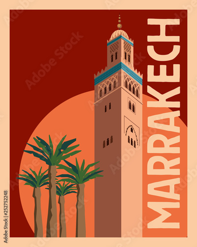 Tourist Postcard Marrakech. Old tower and palm trees against the sunset sky and sun. Vector graphics