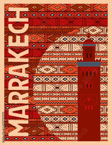 Tourist Postcard Marrakech. Old tower on the background of the national ornament. Vector graphics