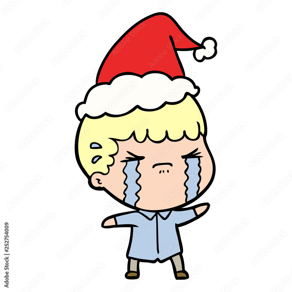 line drawing of a man crying wearing santa hat