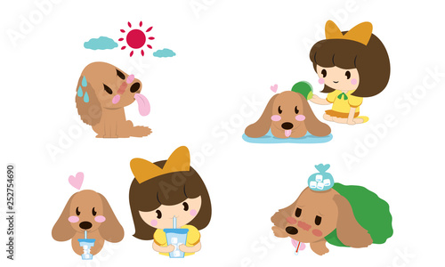 Cute dog and little girl hot weather concept