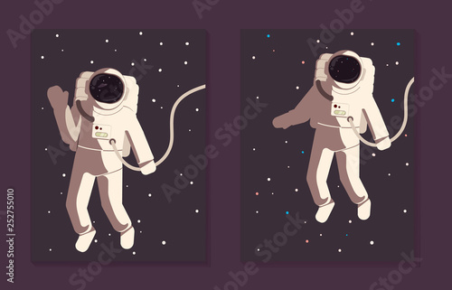 International Day of Cosmonautics. April 12. Vector illustration astronaut in open space waving his hand for a postcard, poster, flyer. To the moon and back.