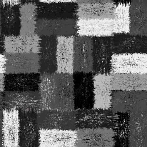 Seamless checkered pattern with grunge striped rectangular elements in black and white design