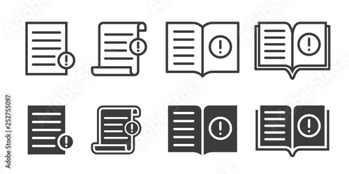 Guide booklet and user guidance reference icons. Vector book or information document web icons photo